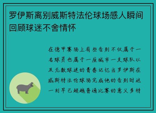 罗伊斯离别威斯特法伦球场感人瞬间回顾球迷不舍情怀 罗伊斯离别威斯特法伦球场感人瞬间回顾球迷不舍情怀